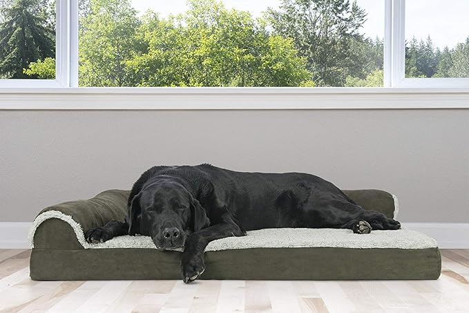 Furhaven Cooling Gel Dog Bed for Large Dogs w/ Removable Bolsters & Washable Cover, For Dogs Up to 95 lbs - Two-Tone Plush Faux Fur & Suede L Shaped Chaise - Dark Sage, Jumbo/XL-PurrikoPets