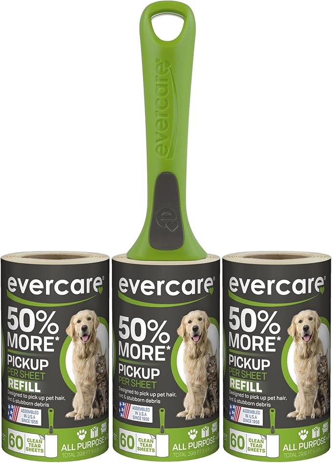 Evercare All Purpose Pet Hair Lint Roller with 2 Refills, 180 Total Sheets – Reusable Sticky Roller for Pet Hair, Cat & Dog Hair Remover, Lint Remover, Pet Hair Remover for Furniture, Clothing & Cars-PurrikoPets