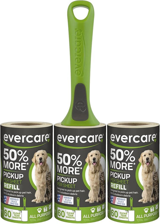 Evercare All Purpose Pet Hair Lint Roller with 2 Refills, 180 Total Sheets – Reusable Sticky Roller for Pet Hair, Cat & Dog Hair Remover, Lint Remover, Pet Hair Remover for Furniture, Clothing & Cars-PurrikoPets