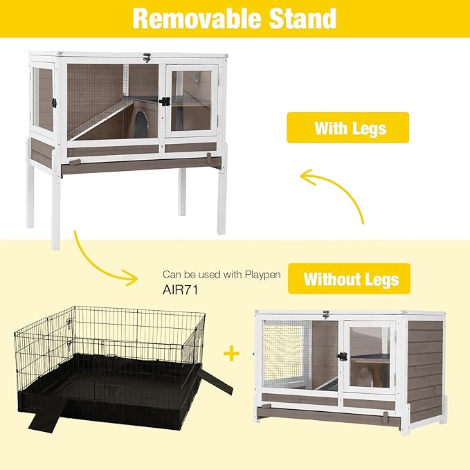 Aivituvin Rabbit Hutch with Stand Wooden Bunny Cage Indoor 2 Story Guinea Pig House with Anti Chew Ramp, No Leak Tray, Hideout, Wire Mesh (Brown)-PurrikoPets