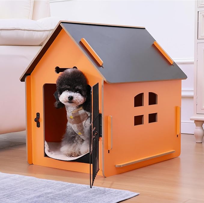 Dog House Indoor for Small Dogs or Cats, Cozy Wooden Design, Small Indoor Bed House, with Air Vents and Elevated Floor Warm Dog Cave (Orange)-PurrikoPets
