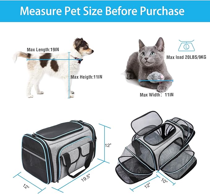 Airline Approved Pet Carrier, Large Soft Sided Pet Travel TSA Carrier 4 Sides Expandable Cat Collapsible Carriers with Removable Fleece Pad and Pockets for Cats Dogs and Small Animals-PurrikoPets