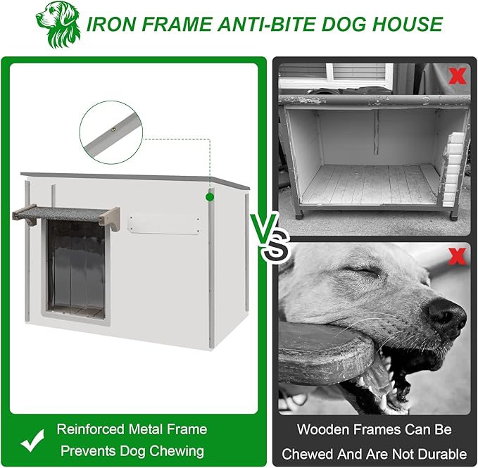 Dog House Outdoor Weatherproof & Wooden Dog Kennel with Chew-Proof Iron Frame，Removable Floor, Adjustable Vent Window, Easy Assembly for Large and Medium Dogs 43.3" D x 29.5" W x 33.5" H-PurrikoPets