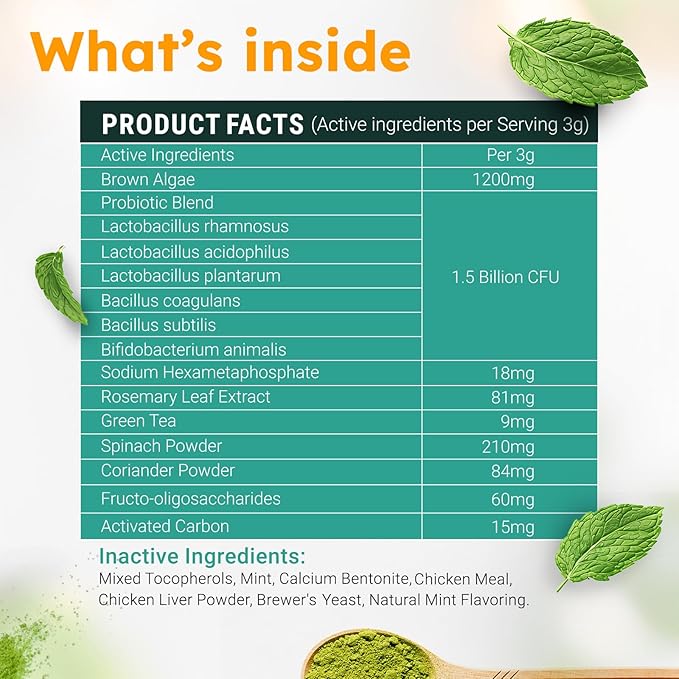 Dog Teeth Cleaning Powder - Dog Breath Freshener + Dental Care for Doggies & Cats + Tartar Remover for Teeth with Natural Ingredients + Probiotics Blend (Mint - 100g)-PurrikoPets