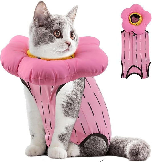 EMUST Cute Cat Recovery Suit & Cone Collar Set - Soft, Adjustable Flower Collar for Female Kittens Under 4lb (Pink, S)-PurrikoPets