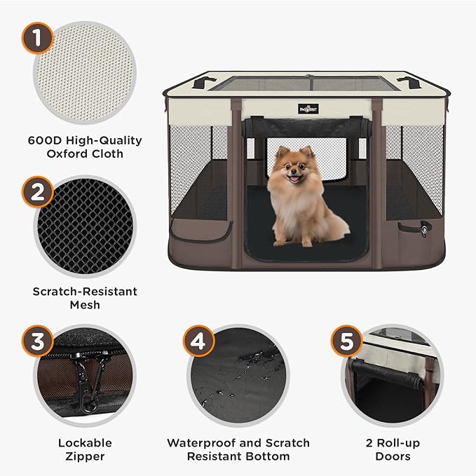 Foldable Pet Kitten Playpen, Upgrade Waterproof Portable Cat Dog Playpen Kennel Tent for Small Dog Cat, Removable Shade Cover, Indoor Outdoor Use for Small Pet, Brown-PurrikoPets