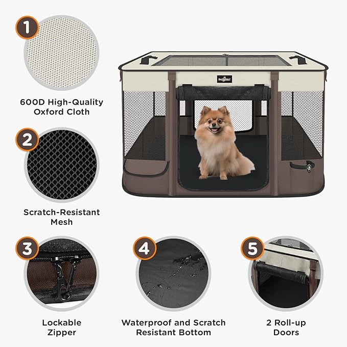 Foldable Pet Kitten Playpen, Upgrade Waterproof Portable Cat Dog Playpen Kennel Tent for Small Dog Cat, Removable Shade Cover, Come with Free Carrying Case, Indoor Outdoor Use for Small Pet, Brown-PurrikoPets