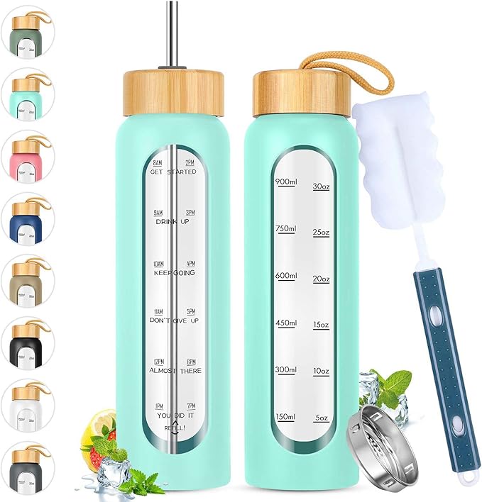 32 oz Glass Water Bottle with Straw - Motivational Time Marker & Silicone Sleeve - Reusable Tumbler Includes 2 Bamboo Lids & Fruit Infuser - 1 Pack-PurrikoPets