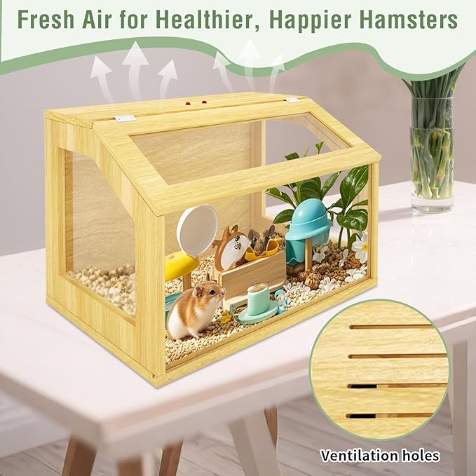 24" Wooden Hamster Cage, Chewproof Gerbil Cages and Habitats, Openable Top Roof Window with Silencing Pad, Guinea Pig Cage for Small Animals, Dwarf and Syrian Hamster, 24 x 16 x 16 Inches-PurrikoPets