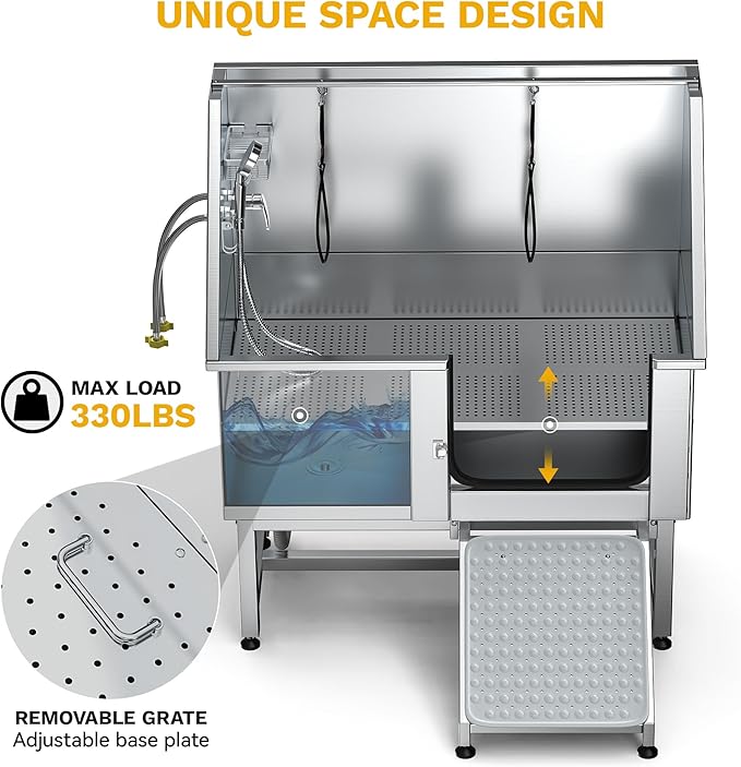 DWVO Professional Pet Dog Bathing Station for Grooming, 50'' Dog Grooming Bathtub with Right Ramp, Floor Grate, Faucet, Showerhead & Soap Holder for Large, Medium & Small Pets-PurrikoPets