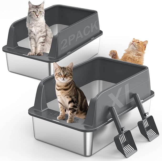 2PACK Stainless Steel Litter Box, Extra Large Litter Boxes for Big Cats, XL Metal Cat Litter Box with Lid High Sides, Anti-Urine Leakage, Non-Sticky, Scoop Included-PurrikoPets