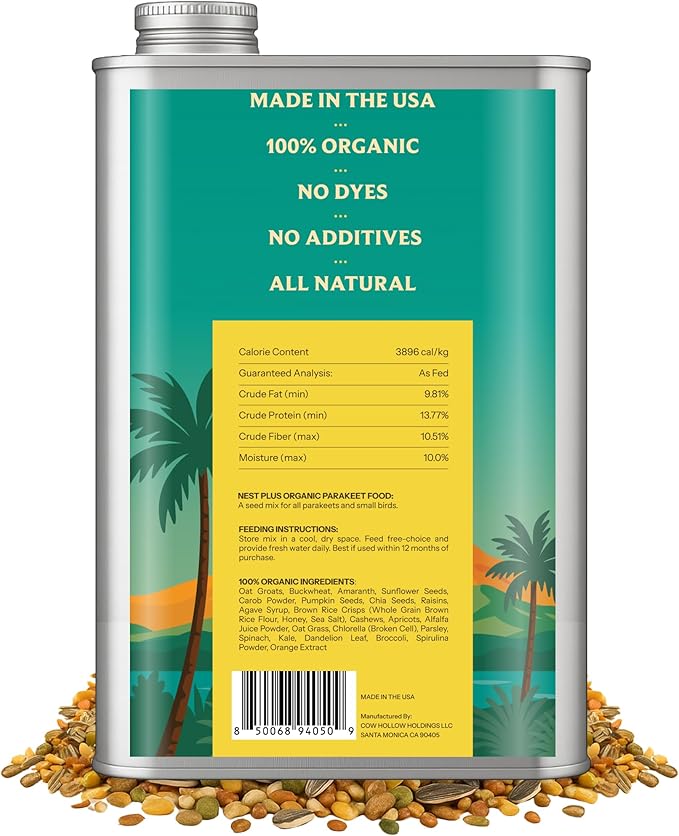 100% Organic Parakeet Food – Premium Bird Seed Mix with Oat Groats, Buckwheat, Amaranth, Super Veggies & Seeds – Reusable Tin + Stainless-Steel Scooper – Made in USA, Human Grade Ingredients (2lb)-PurrikoPets