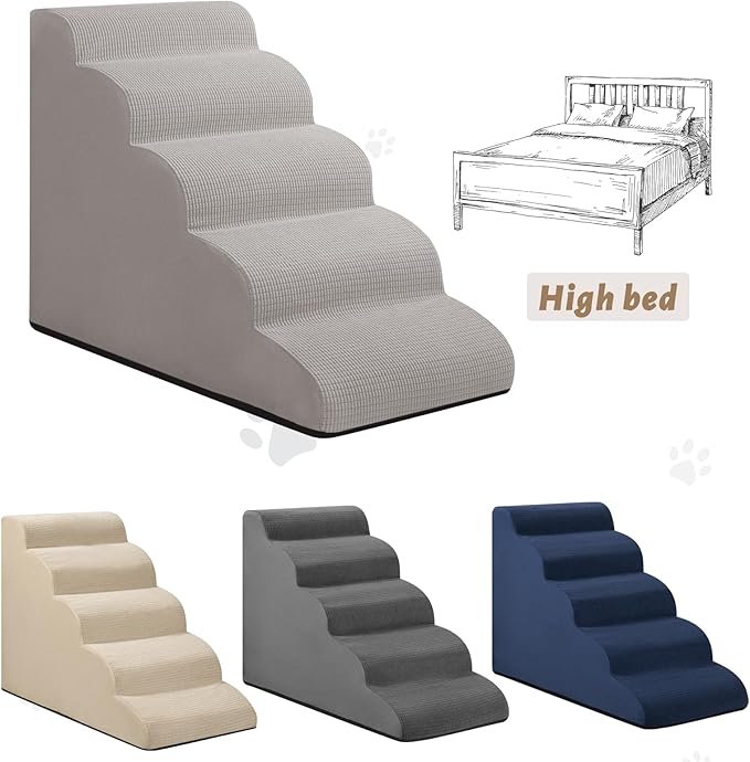 5-Step Dog Stairs and Ramp for High Bed, Non-Slip Sturdy Pet Steps for Small Dogs and Cats,22.2" H,Light Grey-PurrikoPets