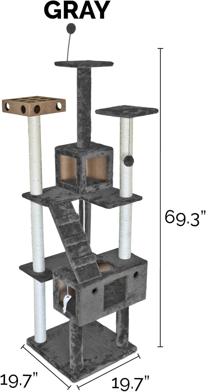 Furhaven 69.3" Tall Cat Tree for Indoor Cats, Ft. Sisal Scratching Posts, 2x Cat Condos, & Toys - Tiger Tough Double Decker Interactive Playground Tower - Silver Gray, One Size-PurrikoPets