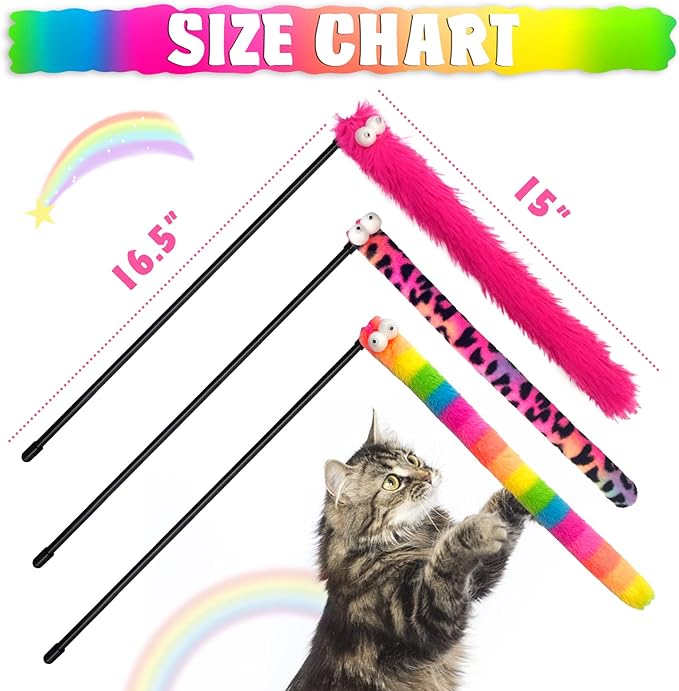 3 Pack Cat Wand Toy, Rainbow Cat Feather Toys with Bells, Teaser Wand with Soft Furry Tail, Interactive Toys for Indoor Cats & Kitten & Kitty-PurrikoPets