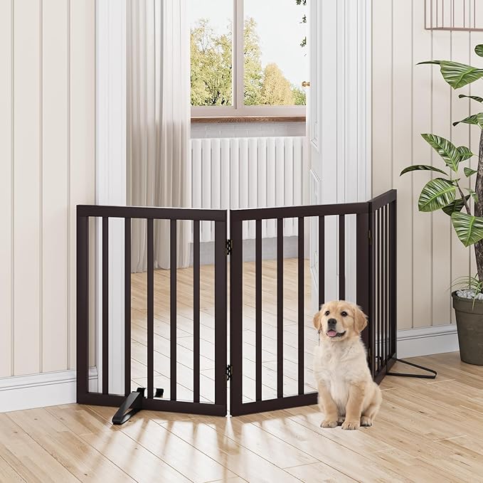 Dog Gates for Doorways Stair House Freestanding Pet Gates for Dogs Wooden Dog Gate with Support Feet Indoor Fence-PurrikoPets