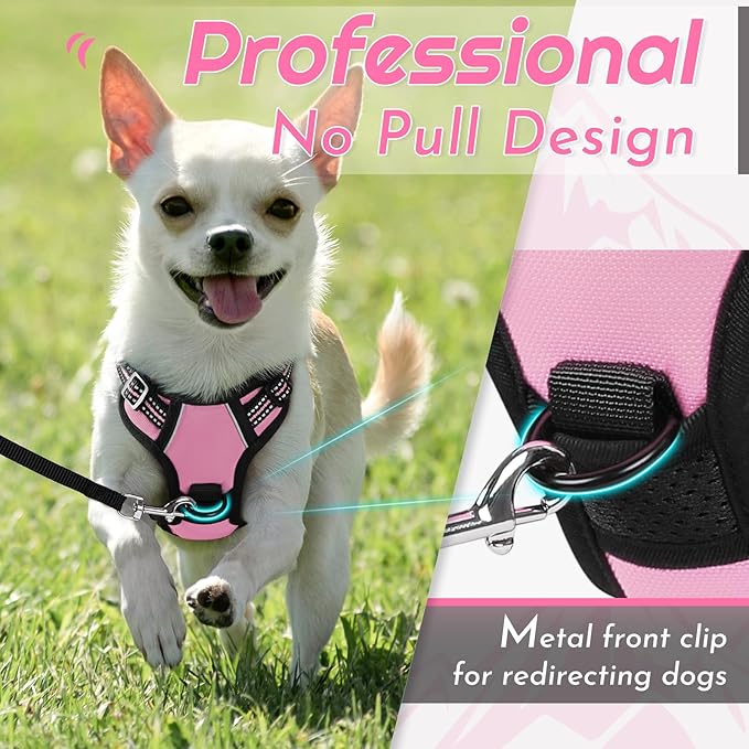 Eagloo Small Dog Harness No Pull, Service Vest with Reflective Strips and Control Handle, Adjustable and Comfortable for Easy Walking, No Choke Pet Harness with 2 Metal Rings, Pink, XS-PurrikoPets