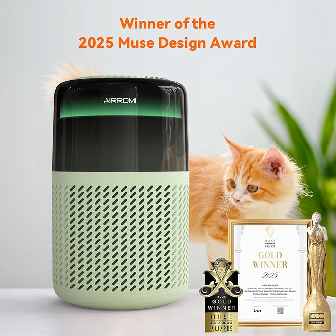 AIRROMI Air Purifier for Bedroom Home,HEPA Filter,Covers Upto 549 Ft²,Quiet 360°intake Air Cleaner with Fragrance ponge for Better Sleep,Night Light,Filters Smoke,Pet Dander,Allergies,Dust,A2005 Green-PurrikoPets