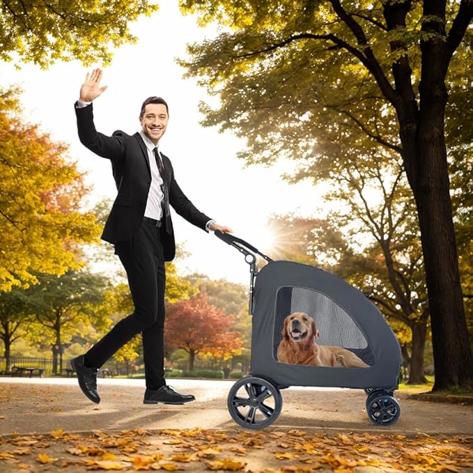 Extra Large Dog Stroller for Medium & Large Pets - Foldable Design, Adjustable Handle, Up to 130 lbs(Blue)-PurrikoPets