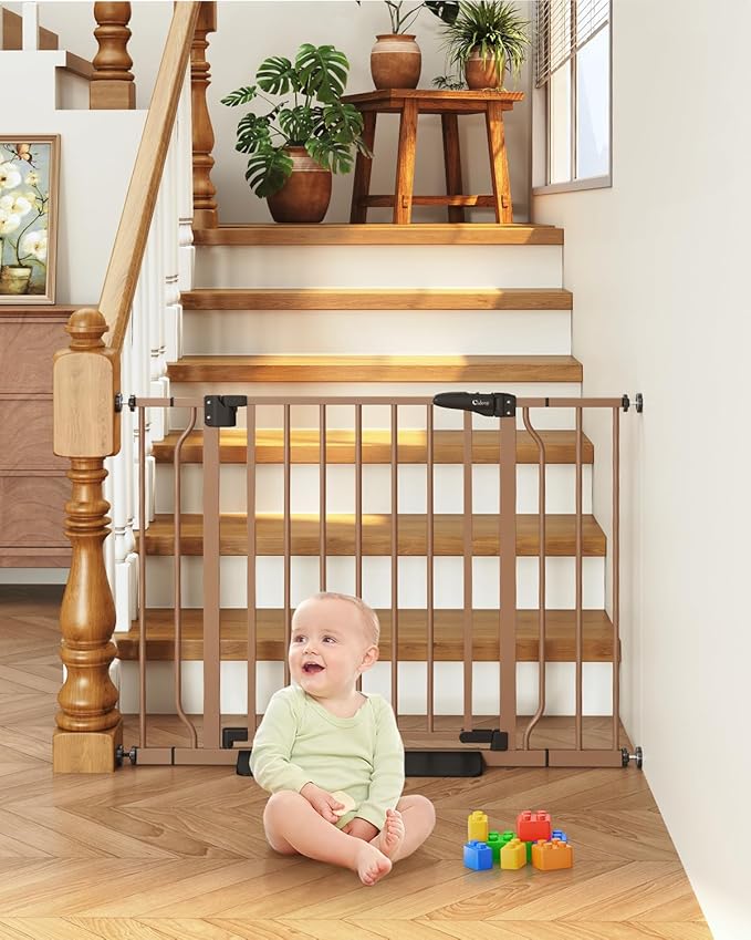 29"-40" Baby Gate for Stairs, Auto Close Stroller Friendly Dog Gate Indoor for Doorways, Pressure Mounted Baby Gate, Easy Walk Through Gate for Children & Pets, Brown-PurrikoPets