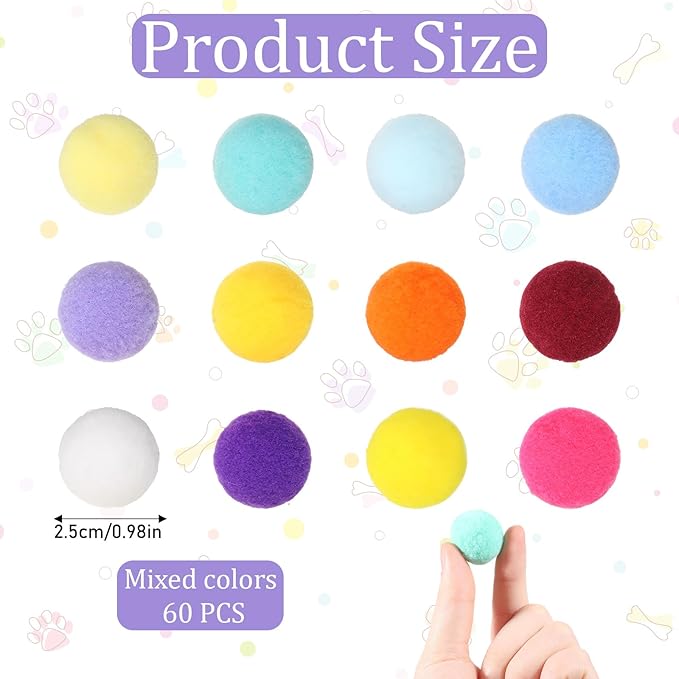 60 Pcs Cat Toy Balls 1-inch Colorful Cat Pom Pom Balls Soft Interactive Cat Balls Cat Play Toy Cat Exercise Toys Cats Interactive Playing Quiet Ball Fuzzy Kitten Ball for Cat Pet-PurrikoPets