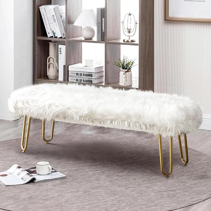42.5Inch White Bedroom Bench, Benches for Bedroom White Faux Fur Upholstered Bed end Bench, Tufting Bench Indoor Bench with Metal Legs for Living Room Bedroom Dining Room Entryway-PurrikoPets