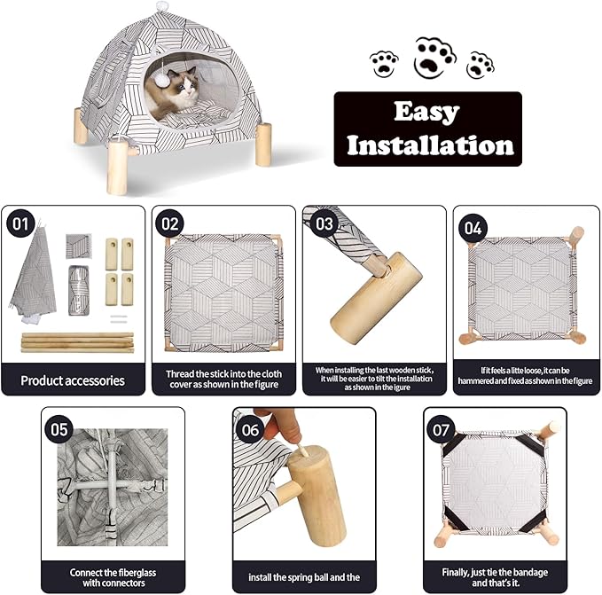 2-in-1 Elevated Cat Tent Cat House, Quick Assembly and Disassembly, Portable Indoor/Outdoor Cute Cat Bed Cave-White Diamond Pattern-PurrikoPets