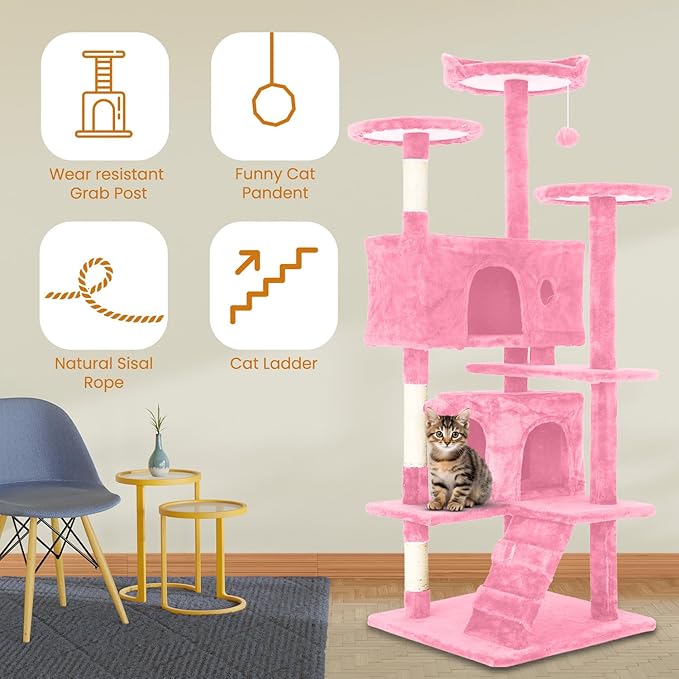 54.7 inches Cat Tower for Indoor Cats, Multi-Level Cat Condos with Scratching Posts, Hanging Toys, Pink-PurrikoPets