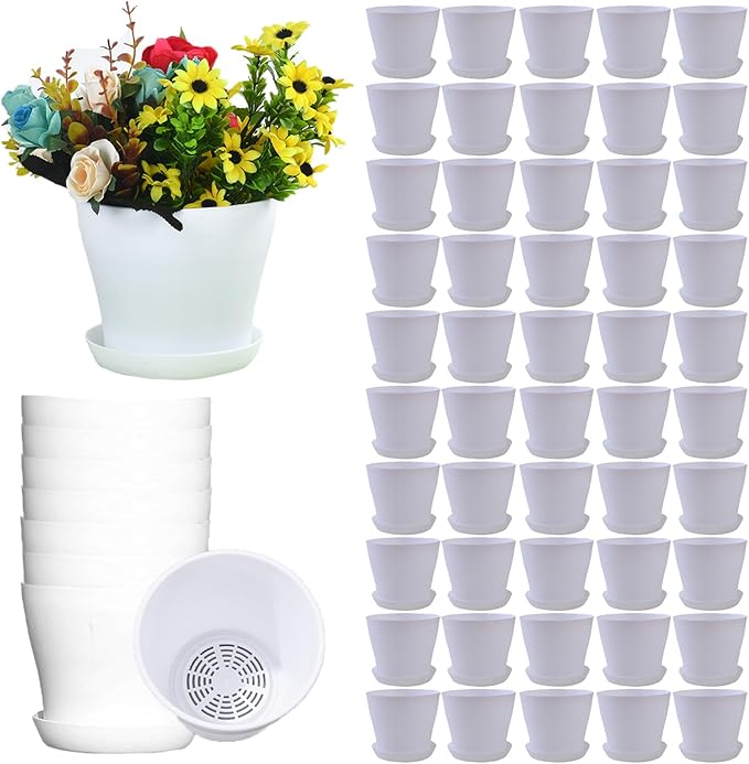 50 Pack 4 Inch Plant Pots Bulk Small Plastic Planters Pots with Drainage Holes Flower Pot for Succulent, Cactus, Herb, African Violet (50pcs-White, 4Inches)-PurrikoPets