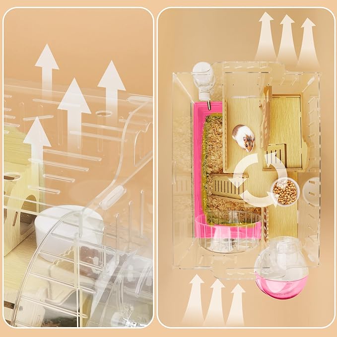 8 in 1 Clear Acrylic Hamster Cage with All Accessories,13.5''L* 10''W* 13''H Dwarf Hamster Cage,Small Hamster Habitat,Garden Style Mouse Cage for Pet Mice,Hamster Enclosure(1-Layer,Pink)-PurrikoPets
