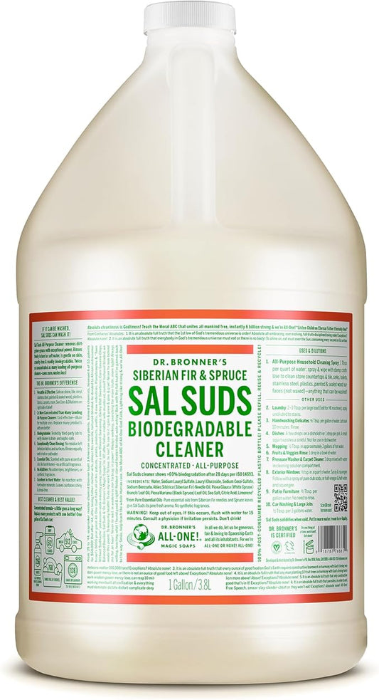 Dr. Bronner's - Sal Suds Biodegradable Cleaner (1 Gallon) - All-Purpose, Pine Cleaner for Floors, Laundry and Dishes, Concentrated, Cuts Grease and Dirt, Powerful Formula-PurrikoPets