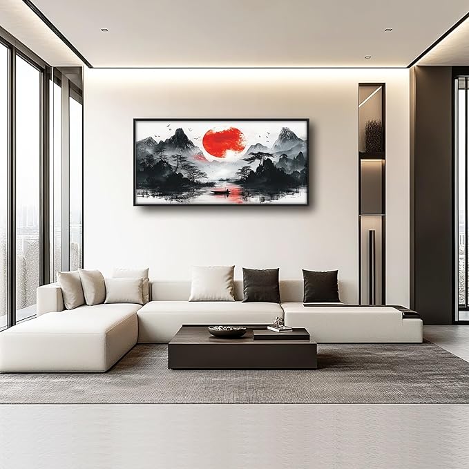 Framed Large Japanese Mountain Wall Art for Living Room, Oversized Asian Red Sun Lake Landscape Wall Decor Nature Canvas Painting Home Decoration for Living Room Bedroom Office 60"x30"-PurrikoPets