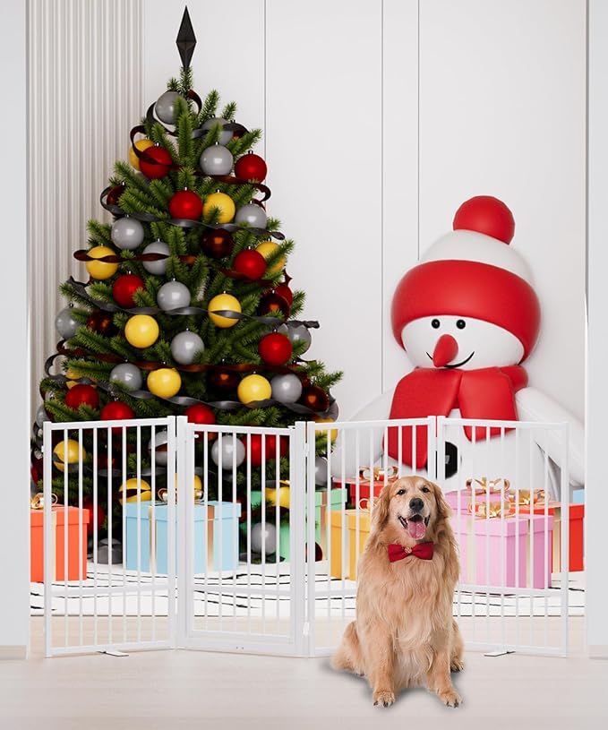 Full Metal Freestanding Dog Gate with Door, 32''Height Foldable Pet Dog Fence for Indoor & Outdoor, 4 Panels Extra Wide Free Standing TallDog Gates for Doorways,House,Stairs,Porch,Deck,Yard-PurrikoPets