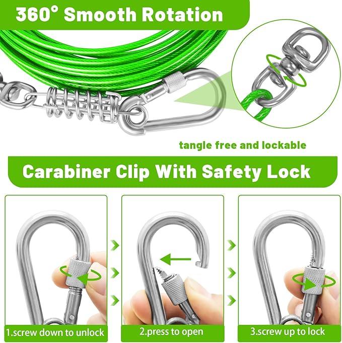 Dog Tie Out Cable - 10/15/20/25/30FT Heavy Duty for Large Dogs Up to 250LBS - Rosy Pink/Blue/Purple/Silver/Red/Green/Yellow-PurrikoPets