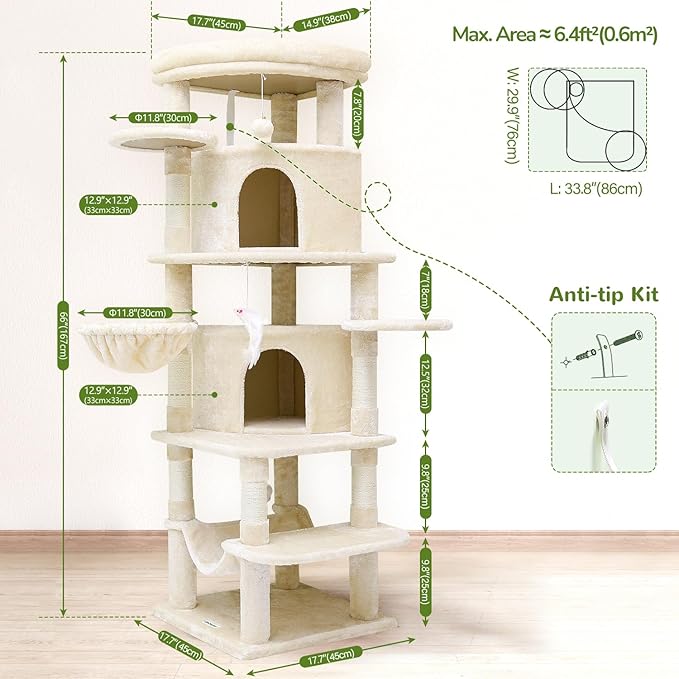 Globlazer Corner Cat Tree for Large Cats, 66inch Tall Curved Series Large Cat Tower for Multiple Indoor Cats with 6 Scratching Posts, 2 Spacious Cat Condos, Hammock, Hanging Basket, C66, Beige-PurrikoPets