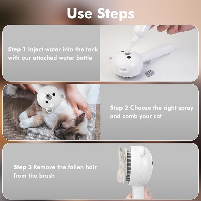 4 in 1 Pet Steam Brush for Cat & Dog, Cat Steam Brush for indoor Cats, Self Cleaning Shedding & Grooming Tool with Waterless Shampoo, Pet Spray Hair Removal Comb with Release Button & Water Tank-PurrikoPets