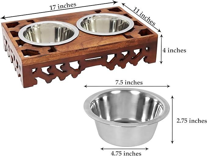 Elevated Pet Feeder for Dogs and Cats - Hand Carved Wood Bones Raised Dog Bowl Stand - Pet Feeding Stand with Two Steel Bowls - Raised Dog Bowl for Food Water - Pet Feeding Station -17x11x4- IRONGATE-PurrikoPets