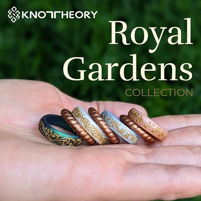 Knot Theory Gold Heart Vine Silicone Ring for Women - Baby Blue, Cosmic Purple, Dark Silver, Lavender, Pink, RoseGold, White Breathable Comfort Fit 6mm Bandwidth