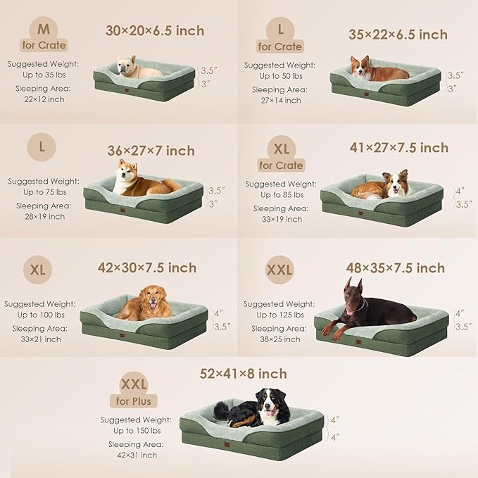 EHEYCIGA Memory Foam Dog Bed for Medium Size, Orthopedic Dog Sofa with Sides and Waterproof Liner, Washable Bolster Pet Couch with Removable Cover, 30x20x6.5 Inch, Green-PurrikoPets