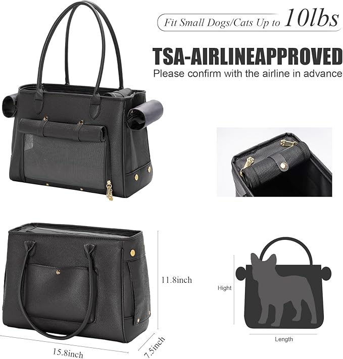 Fashion Pet Carrier Purse for Small Cat and Dog, Luxury Pu Soft-Sided Tote Bag with Large Pockets for Dogs and Puppies (Black, 15.8" L x 7.5" W x 11.8" H)-PurrikoPets