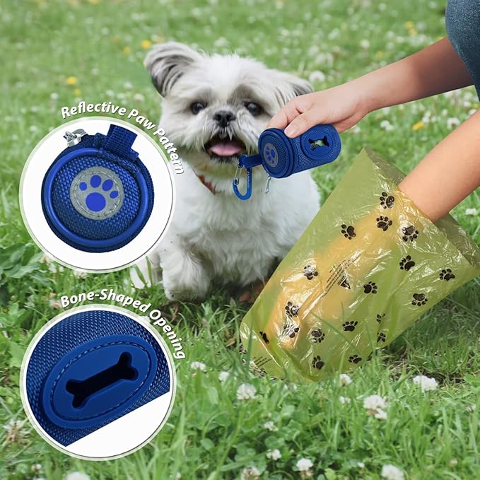 Dog Poop Bag Holder for Leash Doggie Waste Bag Dispenser Soft Fabric Puppy Potty Carrier Small Doggy Zipper Pouch with Carabiner Clip 1680D Nylon Oxford with 1 Roll of Pet Trash Bag, Royal Blue-PurrikoPets