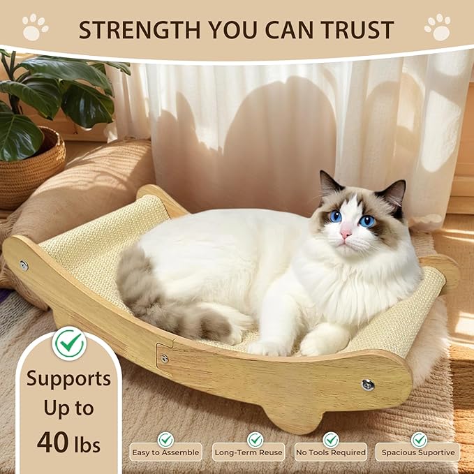 2-in-1 Sisal Cat Scratcher Bed for Indoor Large Cats – Hammock Lounge with Natural Sisal Pad, Wooden Cat Furniture for Scratching and Resting-PurrikoPets