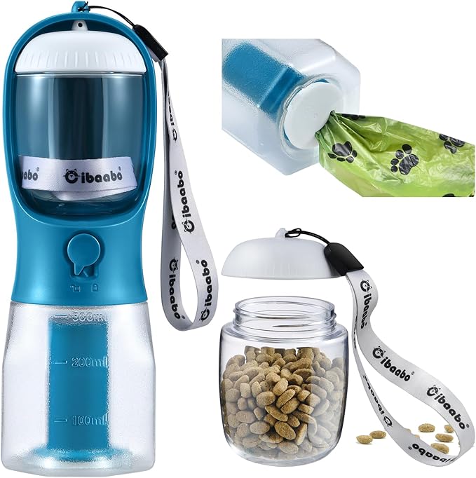 Dog Water Bottle with Food Container & Poop Bag Holder, Travel Water Bowl, Portable Pet Dispenser, Dog Stuff Accessories Items, Puppy Essentials Necessities for Yorkie Chihuahua Walking Hiking-PurrikoPets