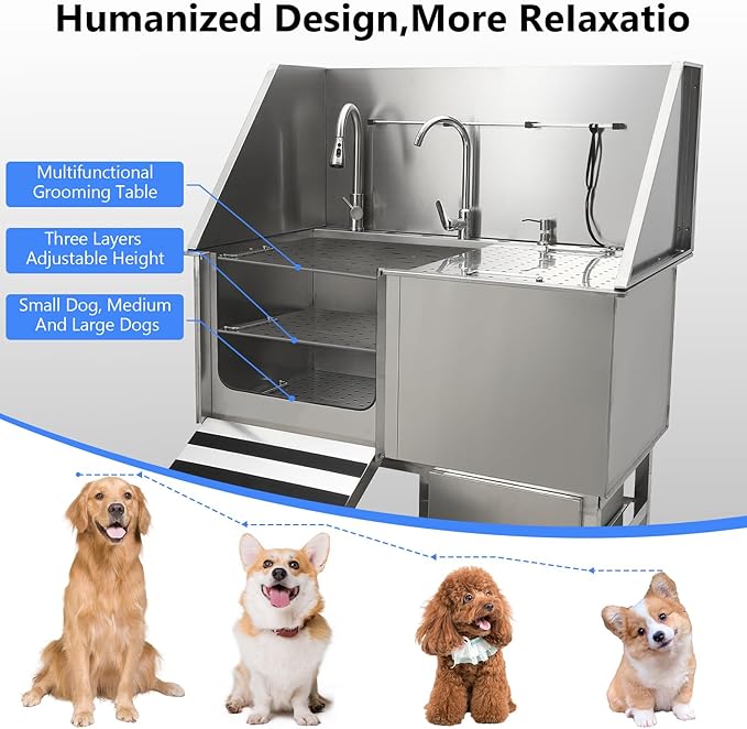 50" Dog Washing Station, Professional Stainless Steel Pet Dog Bathing Station with Ramp, Faucet, Storage Drawer, Floor Grate Dog Bathtub for Large, Medium, Small Pets (Left Ramp)-PurrikoPets
