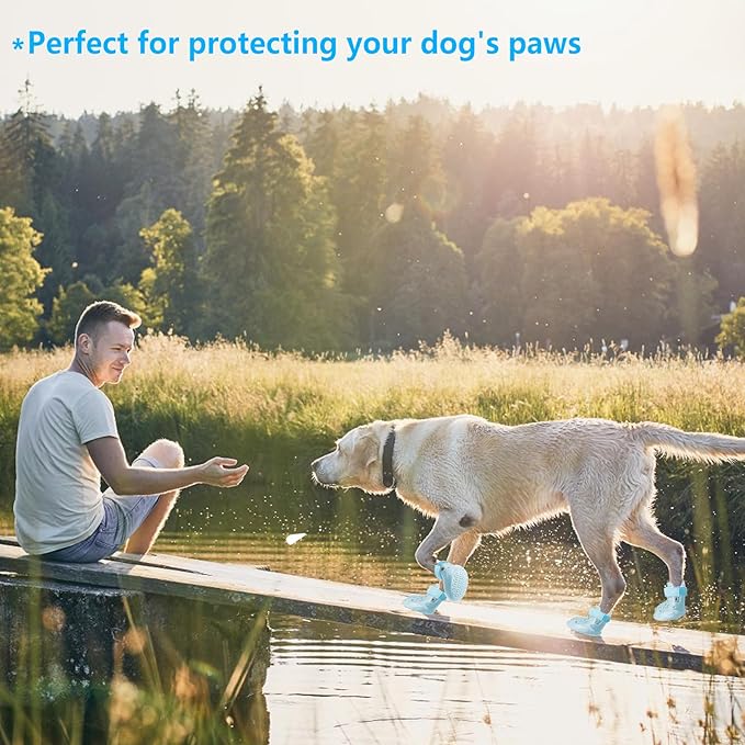 Dog Shoes, Dog Sandals for Hot Pavement, Non-Slip Waterproof Dog Booties for Winter Snowy Day and Summer, Adjustable Straps Easy-Clean Beach Outdoor Pet Boots Rugged Sole-4Pcs Blue-PurrikoPets