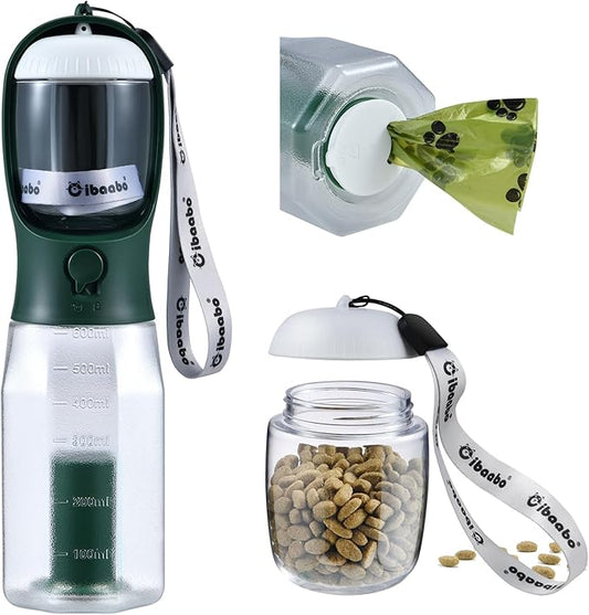 Dog Water Bottle with Food Container & Poop Bag Holder, Travel Water Bowl, Portable Pet Dispenser, Dog Stuff Accessories Items, Puppy Essentials Necessities for Yorkie Chihuahua Walking Hiking-PurrikoPets