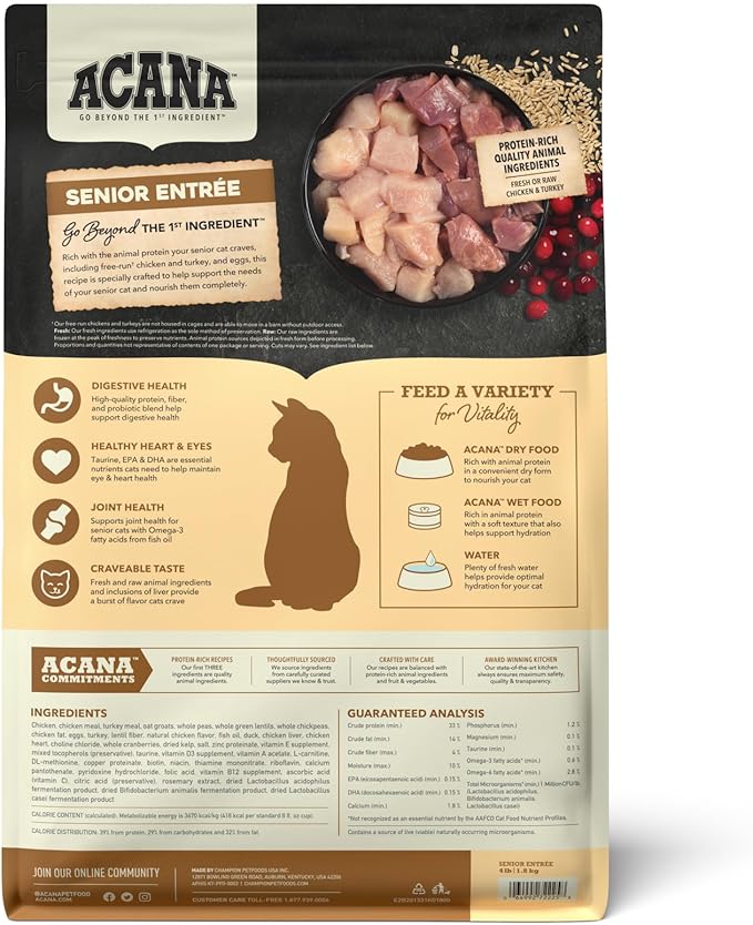 ACANA Dry Cat Food for Seniors Senior Entrée Chicken Turkey and Duck 4lb Bag-PurrikoPets