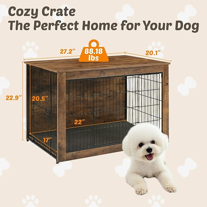 Dog Kennel Furniture, Wooden Dog Crate End Table, Heavy Duty Dog Crate, Decorative Pet Crate Dog Cage for Large Indoor Use (Rustic Brown) 27" L×20" W×23" H-PurrikoPets