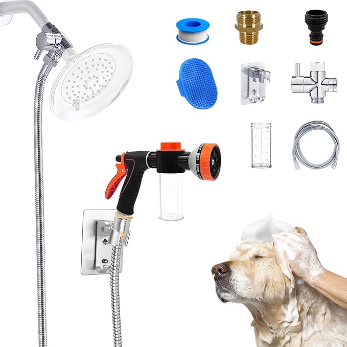 Dog Shower Attachment Water Hose Nozzle Sprayer Set with Metal 3-Way Shower Diverter & 6.6 Ft Long Hose for Bathroom Shower Arm Easy Indoor Outdoor Pet Pup Dog Washing Hose attachment-PurrikoPets
