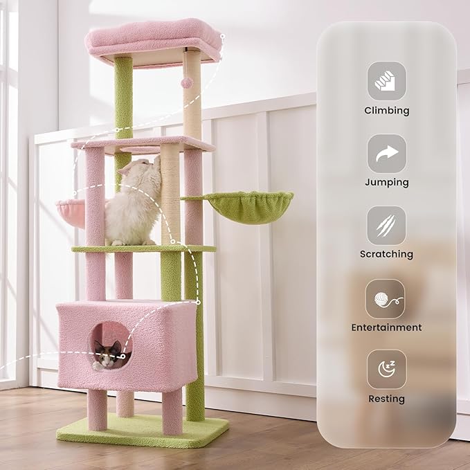 Gardner Pet 65in Heavy Duty Cat Tree Tower for Large Cats, Multi-Level Cat Furniture with Replaceable Sisal Scratching Post, Hammock | Extra-Large Platform & Condo (Pink&Green, Basic φ:2.84")-PurrikoPets